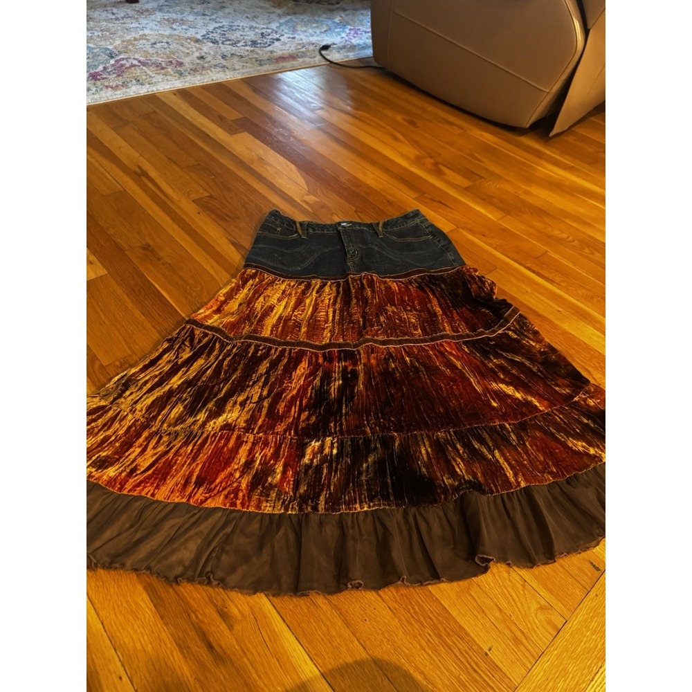 Vintage D Jeans Women's Boho Velvet Tiered Maxi Skirt‎ Denim Waistband Gypsy 12